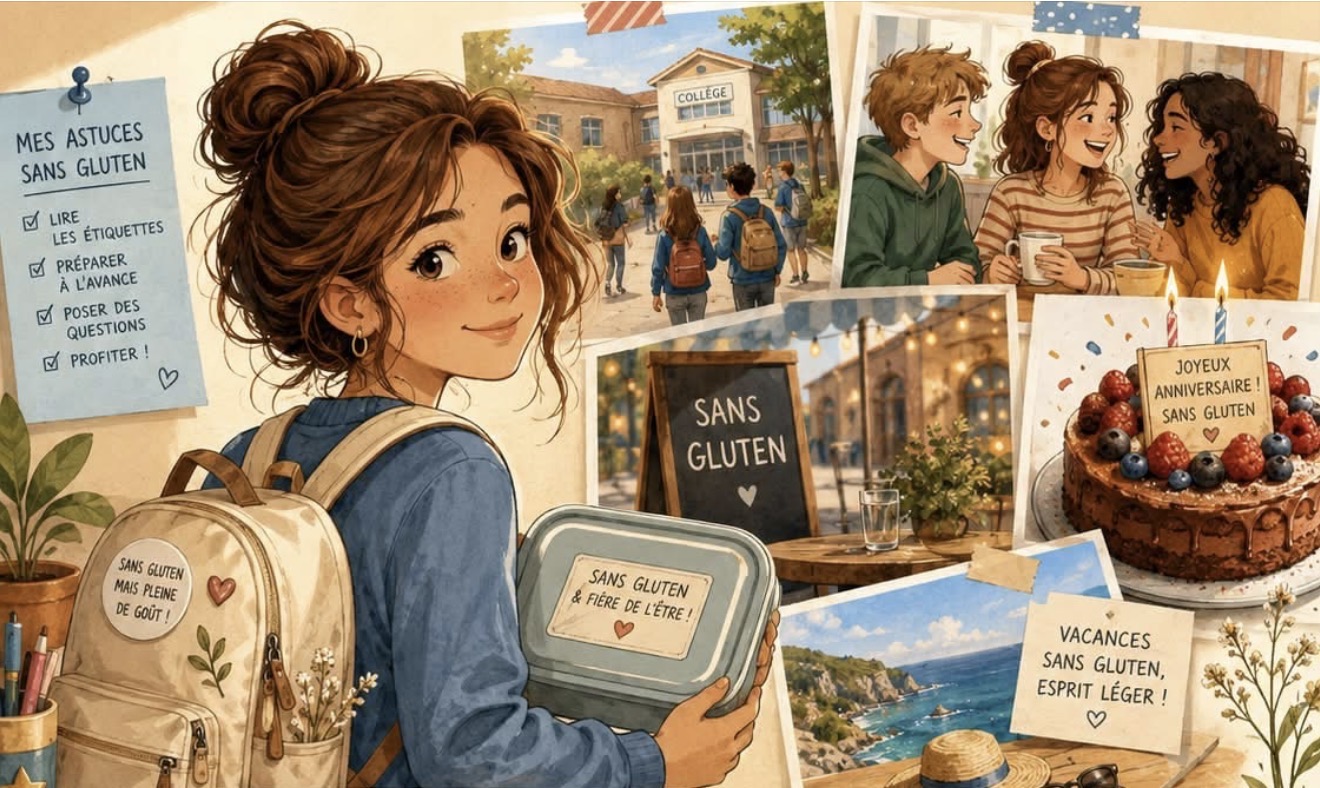 Léa avec son sac et sa boîte repas, entourée de scènes de son quotidien sans gluten : collège, amis, restaurant, anniversaire et vacances.