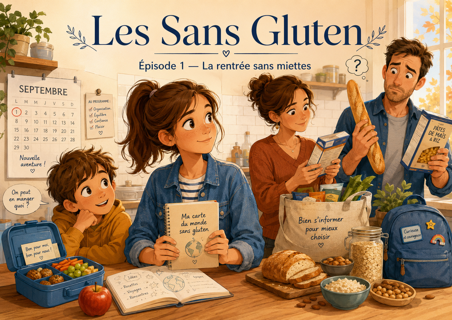Illustration de Léa et sa famille dans la cuisine au début de la série Les Sans Gluten